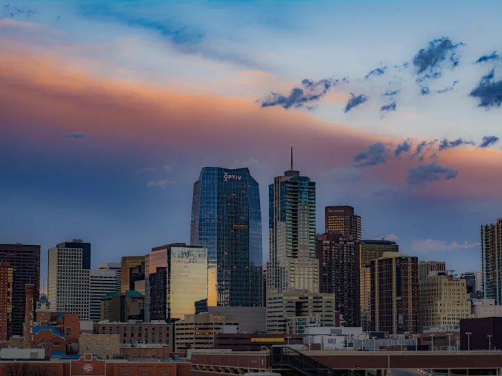 Downtown Denver buildings at sunset