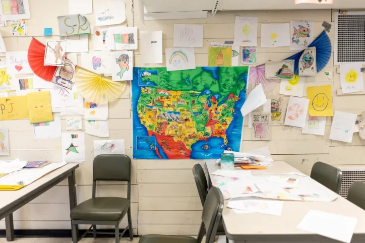 Classroom with colorful US map