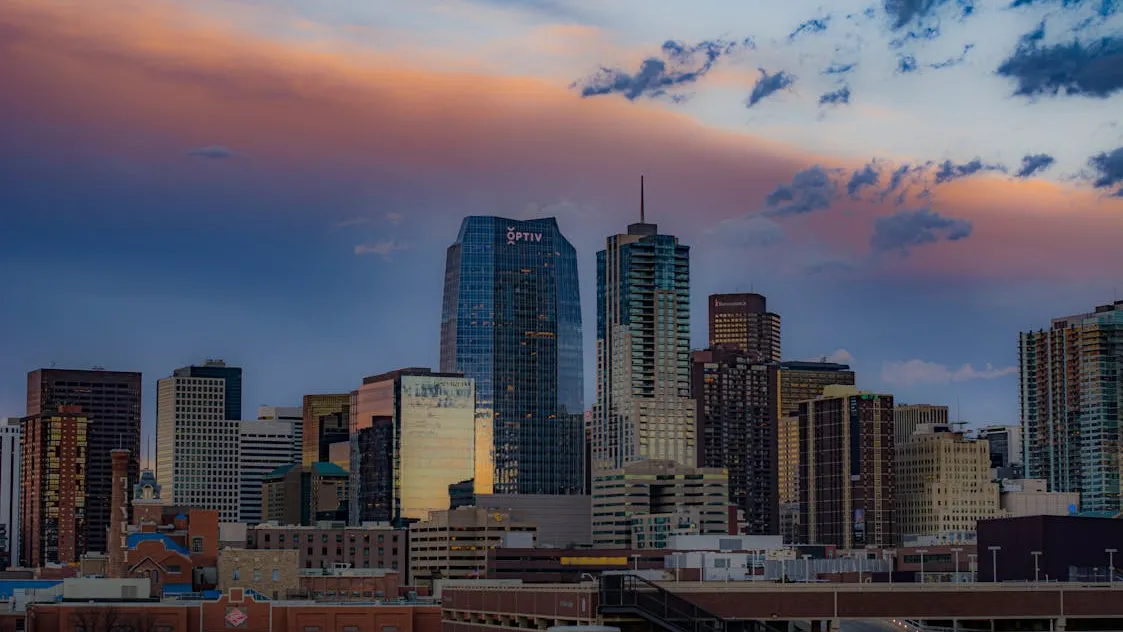 Downtown Denver buildings at sunset