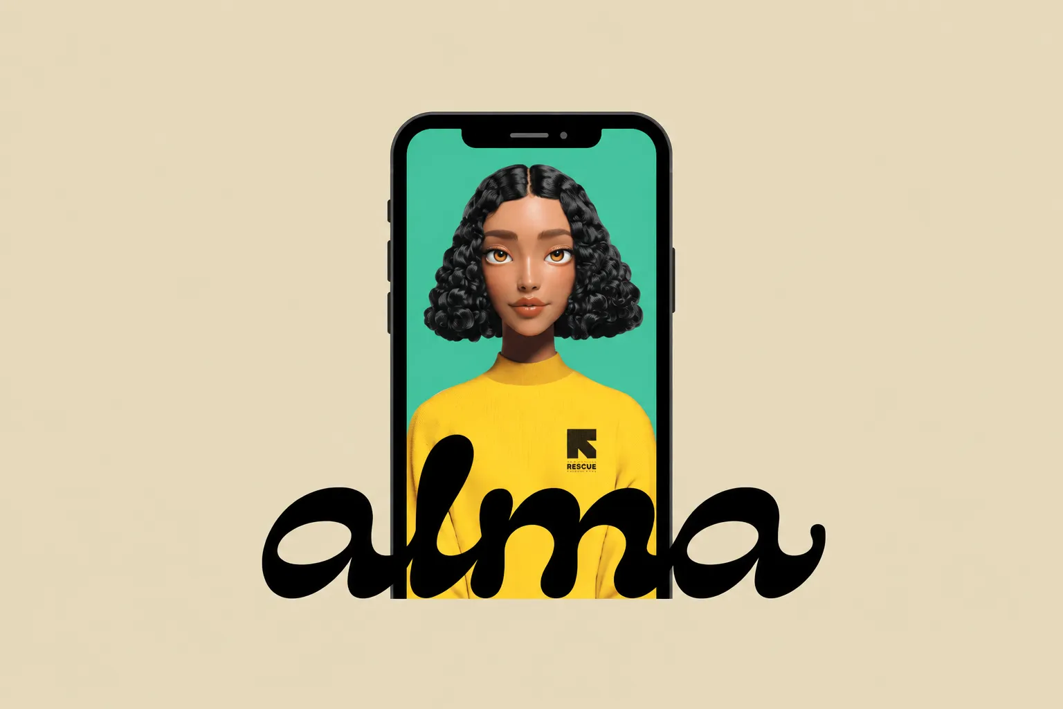Cartoon image of the logo used for Alma, which is a woman displayed on a mobile phone.