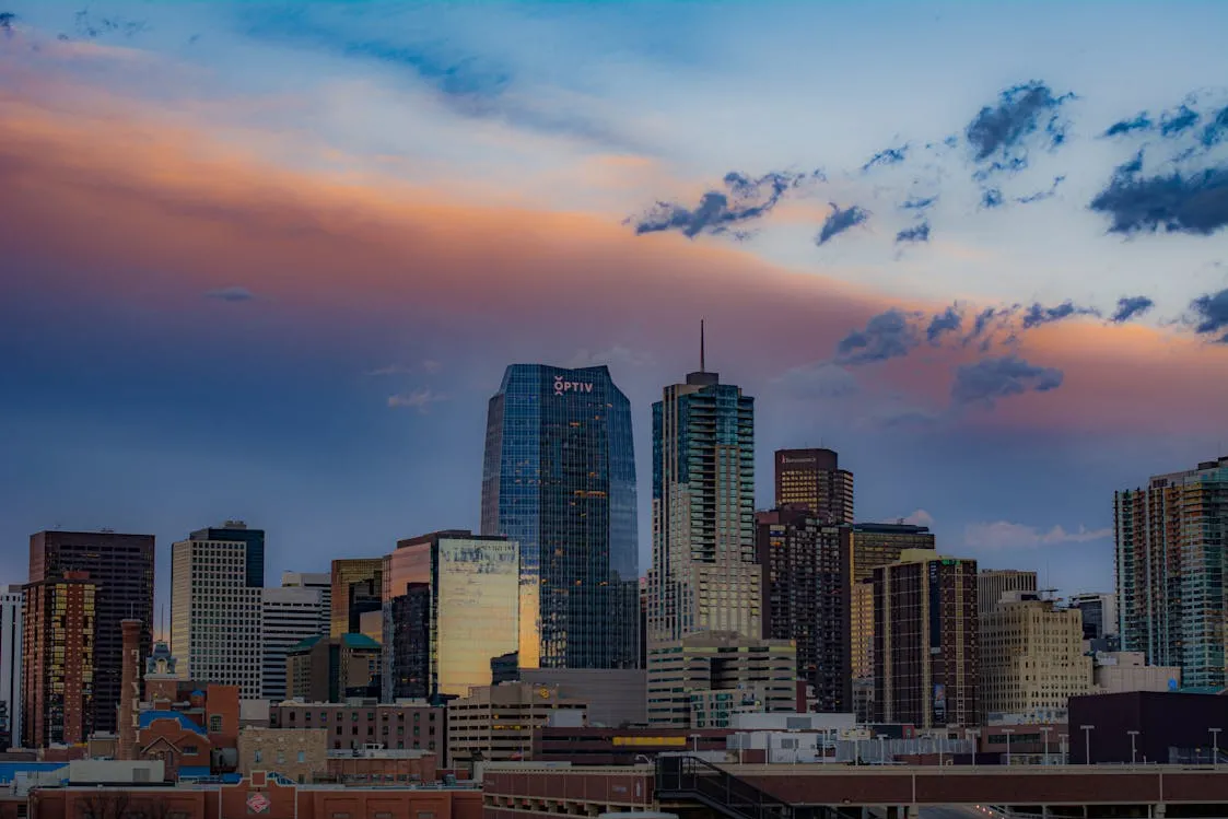 Downtown Denver buildings at sunset