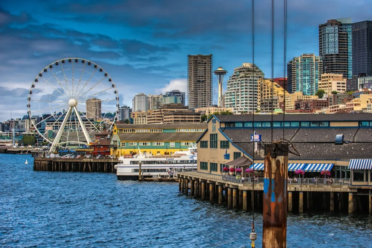Seattle's waterfront with skyscrapers, a ferris wheel, and the Space Needle in the distance