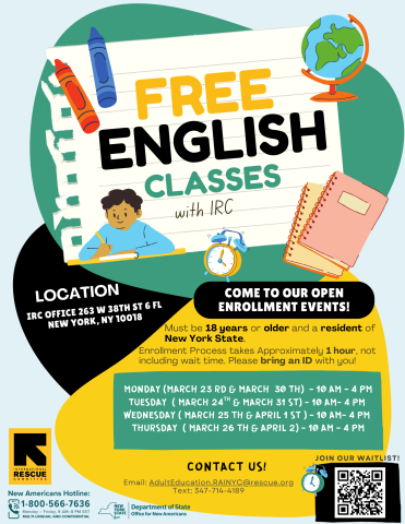This flyer provides information on upcoming English classes with the IRC in NY in March of 2026.