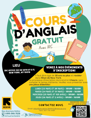 Ce dépliant fournit des informations sur les prochains cours d'anglais organisés par l'IRC à New York en mars 2026.