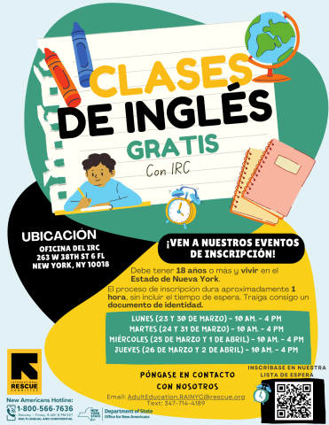 Este folleto proporciona información sobre las próximas clases de inglés con el IRC en Nueva York en marzo de 2026.